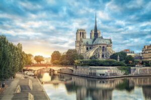 Notre Dame de Paris cathedral on sunrise